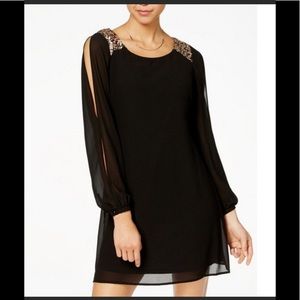 Black Chiffon Shift Dress w/ Gold Sequin Details